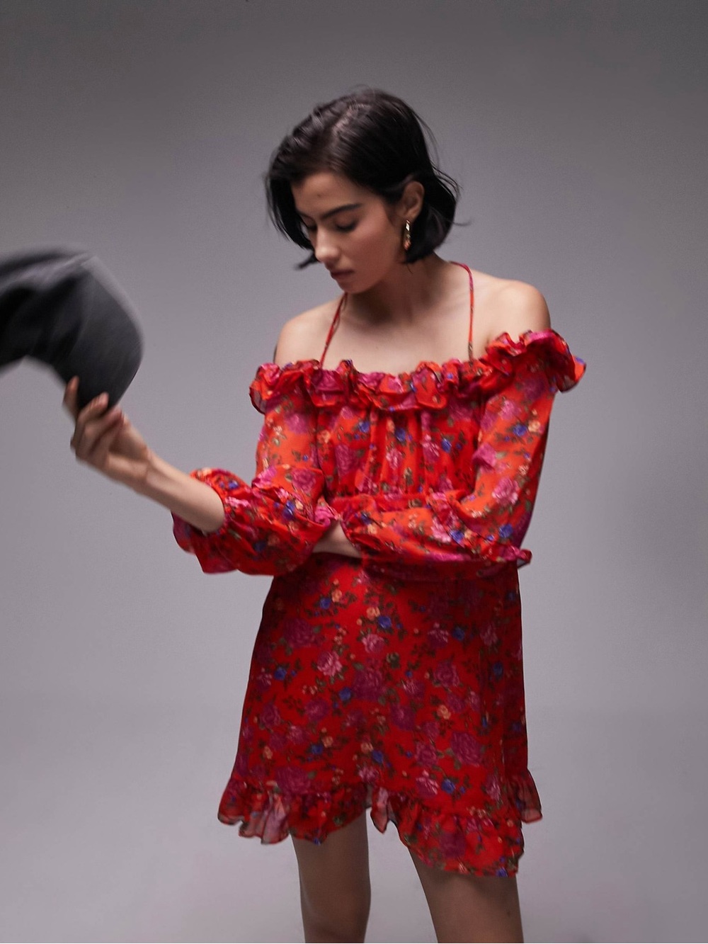 Topshop Red Floral Bardot Mini Dress Sz.6 NWT